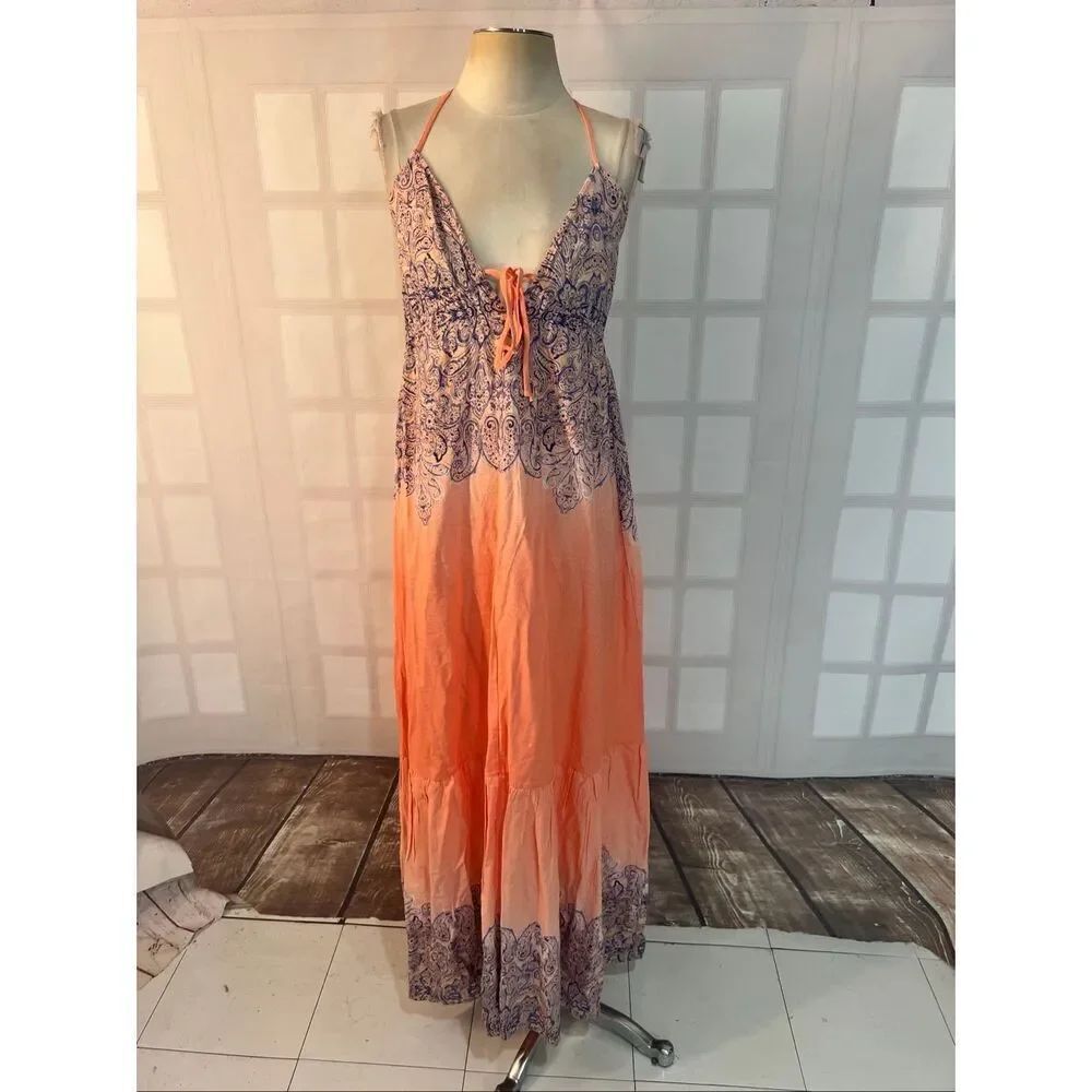 Venus Multicolor Tie Front Crisscross Tiered Sleeveless Linen Maxi Dress Size 8